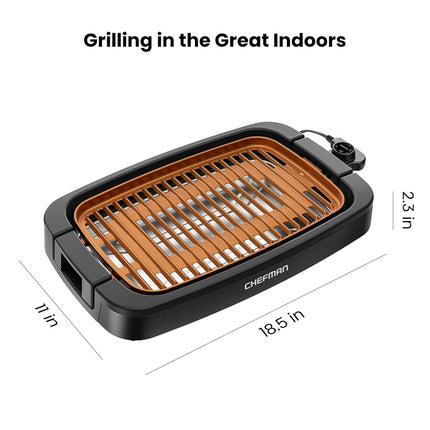 Parrilla eléctrica de interior sin humo Chefman con superficie antiadherente y perilla de temperatura ajustable de tibio a sellado para asado personalizado, bandeja de agua extraíble apta para lavavajillas, negra, 150 pulgadas cuadradas