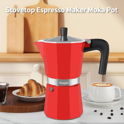 Mongdio Stovetop Espresso Maker Moka Pot, Stove Top Cuban Coffee Maker, Italian Greca Mocha Pot, 12 Espresso Cups, 20 oz - Red