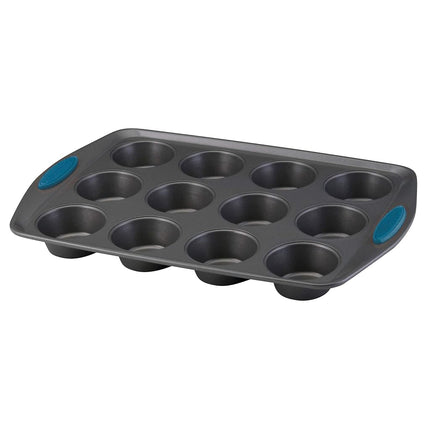 Rachael Ray Yum-o! Bandeja antiadherente para hornear de 12 magdalenas con agarres/Bandeja antiadherente para cupcakes con agarres - 12 tazas, Gris