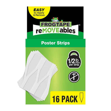 FrogTape reMOVEables Poster Strips, No Damage Hanging Strips, Removable Poster Hangers, Stick On Adhesive Wall Tape Alternative for Pictures, Home, School, Office, White, 16 Pairs (32 Strips)
