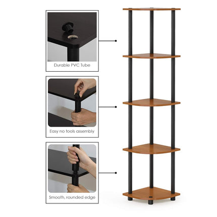 Furinno TURN-N-TUBE Corner Shelf, 5-Tier Corner Bookshelf, Open Storage Shelves, for Organization and Storage, Living Room, Home Office, Garage, Bedroom, Light Cherry