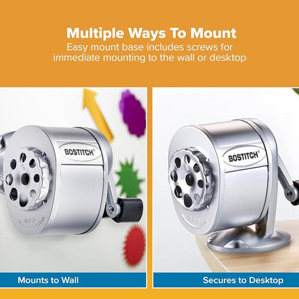 Bostitch Office Wall Mount Manual Pencil Sharpener, Tip Saver, 8 Hole Dial, 6X Longer Cutter Life, Vertical or Horizontal Mounting, Silver