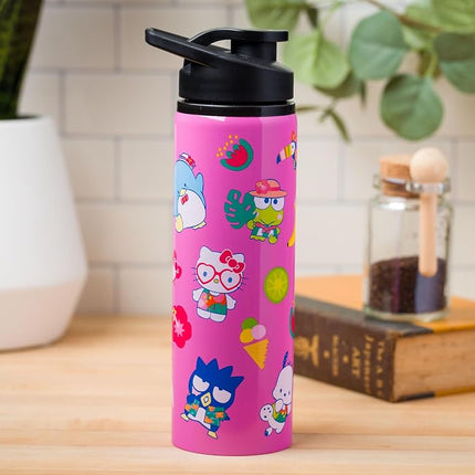 Silver Buffalo Sanrio Hello Kitty and Friends Tropical Stainless Steel Water Bottle Featuring Keroppi, Tuxedo Sam, Badtz-Maru, and Pochacco, 25 Ounces