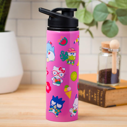Silver Buffalo Sanrio Hello Kitty and Friends Tropical Stainless Steel Water Bottle Featuring Keroppi, Tuxedo Sam, Badtz-Maru, and Pochacco, 25 Ounces