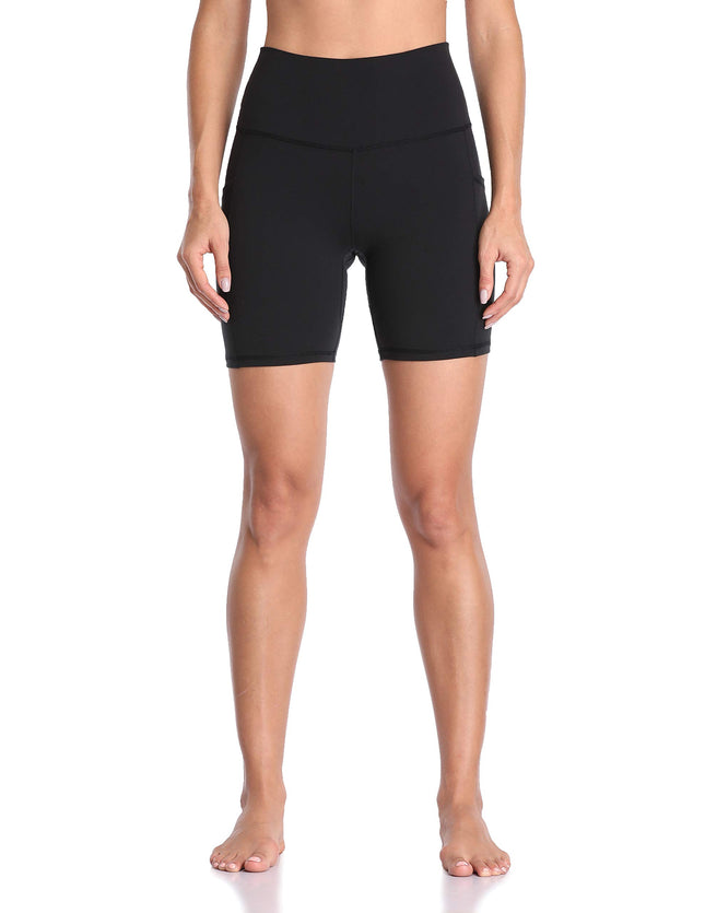 Colorfulkoala High Waisted Gym Shorts Women with Pockets 6" Inseam for Yoga Runing Workout Cycling (M, Black)