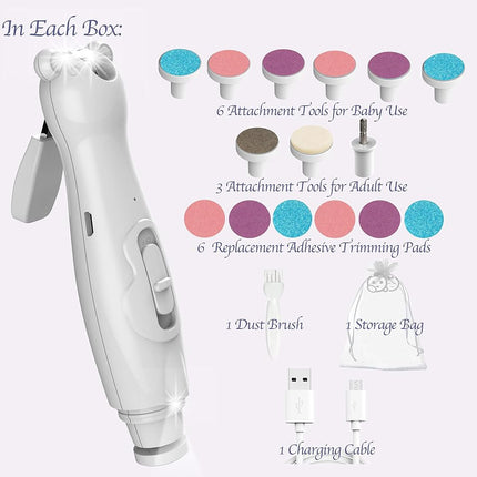 Royal Angels Rechargeable Baby Nail Clippers 20 in 1, Safe Electric Nail Trimmer, Baby Nail Kit, Additional Replacements, Newborn Toddler Toes and Fingernails, Trim and Polish (Rechargeable, Snow)
