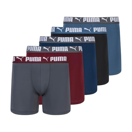 PUMA Men's 5 Pack Performance Boxer Briefs, Ruby/B