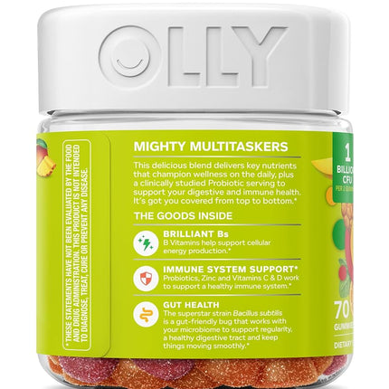 OLLY Adult Multivitamin + Probiotic Gummy, 1 Billion CFUs, Digestive and Immune Support, Chewable Supplement, Tropical Flavor, 35 Day Supply - 70 Count