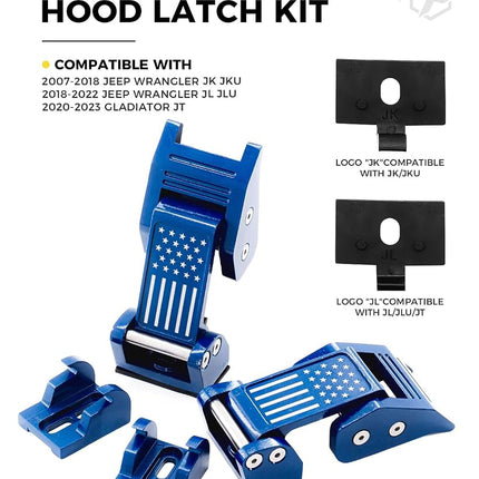 Xprite U.S. Flag Hood Latches Compatible with 2007-2018 Jeep Wrangler JK JKU & 2018-2025 Jeep Wrangler JL JLU & 2020+ Gladiator JT - Secure Aluminum Hood Locks, Blue