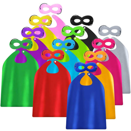 ADJOY Capas y Máscaras de Superhéroes para Niños Paquete de 14 Sets con Pegatinas de Superhéroes - Capas de Disfraz para Fiestas de Cumpleaños Temáticas de Superhéroes