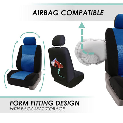 FH GROUP FH-FB060217 Three Row Trendy Elegance Car Seat Covers w. 7 Headrests, Airbag compatible and Split Bench, Blue / Black color- Fit Most Car, Truck, Suv, or Van