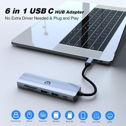 Tymyp USB Hub, 6 in 1 USB C HUB, Sleek USB Splitter with 4K HDMI, Type C PD 100W, 2 x USB 3.0, and SD/TF Card Reader for Laptop, Flash Drive, Printer, Camera, and More