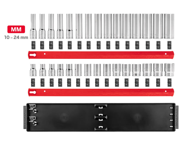TEKTON 1/2 Inch Drive 12-Point Socket Set with Rails and Tray, 30-Piece (10-24 mm) | SHD92212
