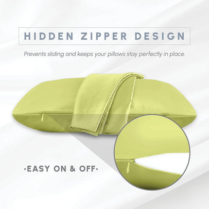 Elegant Comfort 2-PACK Pistachio Green Viscose Satin Pillowcase Set with Hidden Zipper closure, Silky Smooth for Hair and Skin Care-Beautiful Gift Box-2-Piece Satin Pillowcases, Standard/Queen