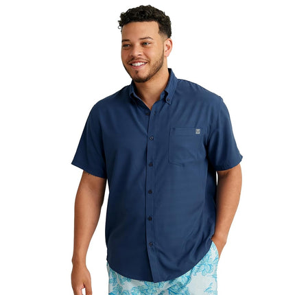HUK Standard Kona Pattern Short Sleeve Fishing Button Down Shirt for Men, Cross Dye Stripe-Sargasso Sea
