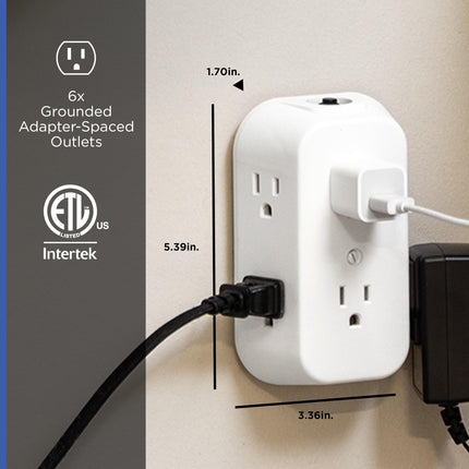 GE 6-Outlet Extender, Grounded Wall Tap, Reset Button, Circuit Breaker, Adapter Spaced Outlets, 3-Prong, Quick and Easy Install, UL Listed, White, 56575