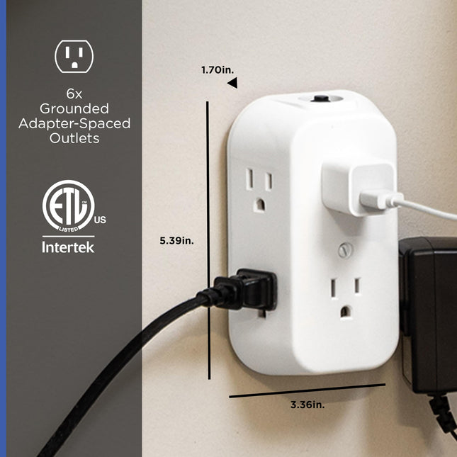 GE 6-Outlet Extender, Grounded Wall Tap, Reset Button, Circuit Breaker, Adapter Spaced Outlets, 3-Prong, Quick and Easy Install, UL Listed, White, 56575