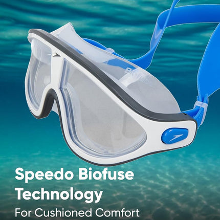 Speedo Unisex-Adult Biofuse Rift Mask Swimming Goggles | Open Water Swim Mask | Anti-fog | Anti-leak Goggles, Bondi Blue/White/Clear, One Size