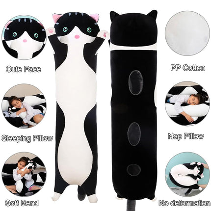Giant Cat Pillow Plush Cartoon Kitty Sleeping Hugging Pillow, Cuddly Soft Long Kitten Body Pillow Doll Cat Cushion Toy for Kids Girlfriend (Black, 90cm/35.4inch)