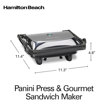 Prensa Panini Eléctrica Hamilton Beach con Tapa de Bloqueo, Apta para Sándwiches de Cualquier Grosor, Placas Antiadherentes de 20.3 x 25.4 cm, Acabado Cromado (25460A)