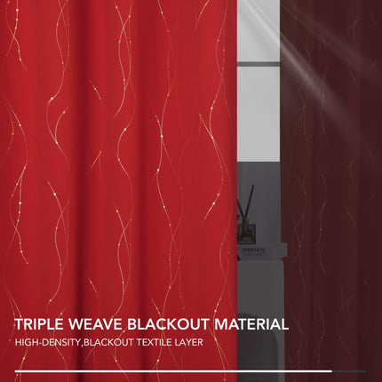 Deconovo Red Curtains 45 Inch Length - Light Blocking Blackout Drapes for Small Window, Grommet Top (52W x 45L Inch, Red, 2 Panels) Gold Wave Line and Dots Printed