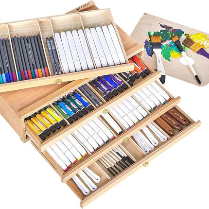 MEEDEN 10-Drawer Artist Supply Storage Box - Large Capacity Multi-Function Beech-Wood Pencil Box with Drawer & Compartments for Organizing Pastels, Pencils, Pens, Markers, Brushes & Stamp