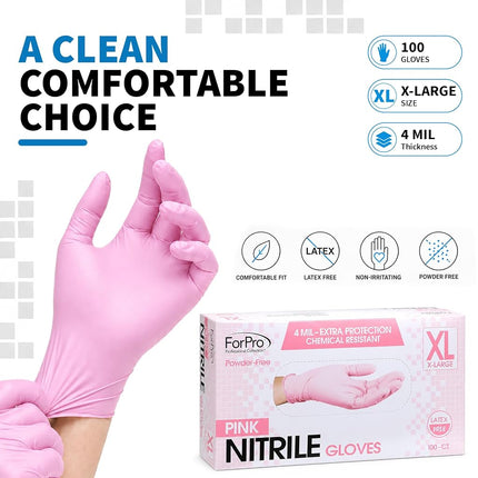 ForPro Disposable Nitrile Gloves, Chemical Resistant, Powder-Free, Latex-Free, Non-Sterile, Food Safe, 4 Mil, Pink, X-Large, 100-Count