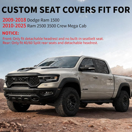 Fundas de asiento Truckiipa de piel de carnero delanteras impermeables de cobertura total para coche, protector de cojín, ajuste personalizado para Dodge Ram 1500 2009-2018, Ram 2500 3500 Crew Mega Cab 2010-2025, par delantero, gris