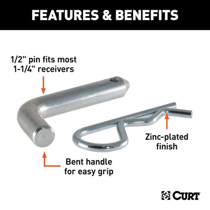 BKDK CURT 21400 Trailer Hitch Pin & Clip, 1/2-Inch Diameter, Fits 1-1/4-Inch Receiver, Clear ZINC