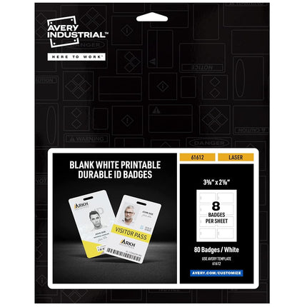 Avery Durable Tall ID Badges for Lanyards, Laser Printable on Both Sides, Blank White, 80 Total, 3.375" x 2.125" (61612)