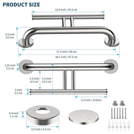 Chrome Grab Bar w/Double Toilet Paper Roll Holder 17 Inch, iHansee Stainless Steel Shower Support Balanced Support Handle, Wall Mounted Safety Bathroom Handrail for Elderly Senior Handicap Disabled