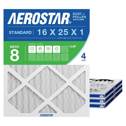 Aerostar 16x25x1 MERV 8 Air Filter, 4 Count, ACTUA