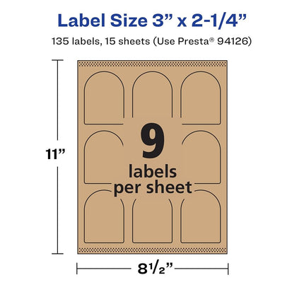 Avery Kraft Brown Arched Labels with Sure Feed, 3" x 2.25", 135 Kraft Brown Labels, Print-to-The-Edge, Laser/Inkjet Printable Labels