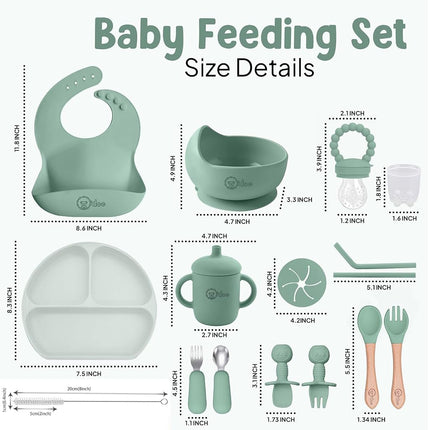 Juego de alimentación de silicona sin BPA de 17 piezas O'doe para bebé | Platos de succión gruesos y suaves, cuencos para bebé, tenedor y cuchara de madera, y más (Verde, V2: Paquete Nurture [17 piezas])