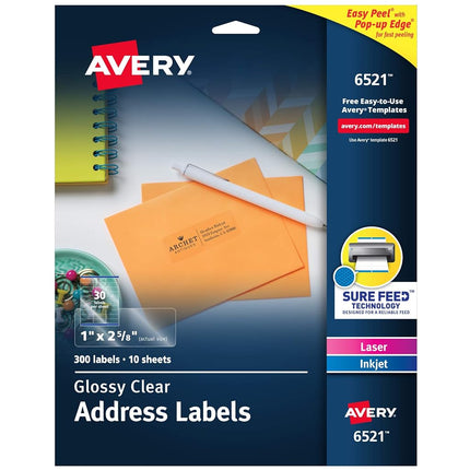 Avery Glossy Clear Address Labels, Sure Feed Technology, Laser/Inkjet, 1" x 2-5/8", 300 Labels, 5 Packs (6521)