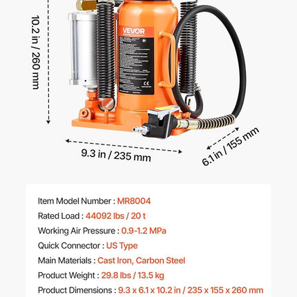VEVOR - Hydraulic Air Bottle Jack, 20 Ton/40000 Lbs, 10.4-19.7 Inch Lift Range, Manual Handle and Air Pump, for Car, Pickup, Truck, RV, Repair