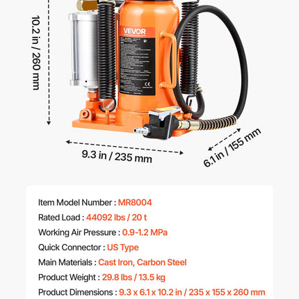 VEVOR - Gato hidráulico de botella de aire, 20 toneladas/40 000 libras, rango de elevación de 10.4-19.7 pulgadas, mango manual y bomba de aire, para coche, camioneta, camión, RV, reparación