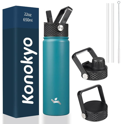 Konokyo Insulated Water Bottle with Straw,22oz 3 Lids Metal Bottles Stainless Steel Water Flask,Light Blue