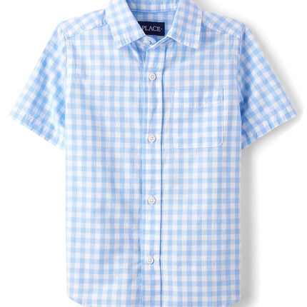 Camisa abotonada de popelín de manga corta para niños de The Children's Place, a cuadros Breeze, talla extrapequeña