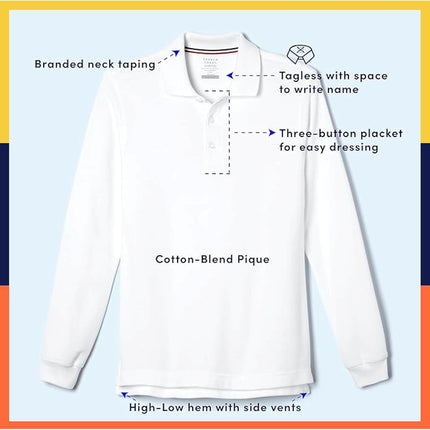 Camisa tipo polo de piqué de manga larga French Toast para uniforme escolar de niños y niñas, blanca, 14-16 Husky