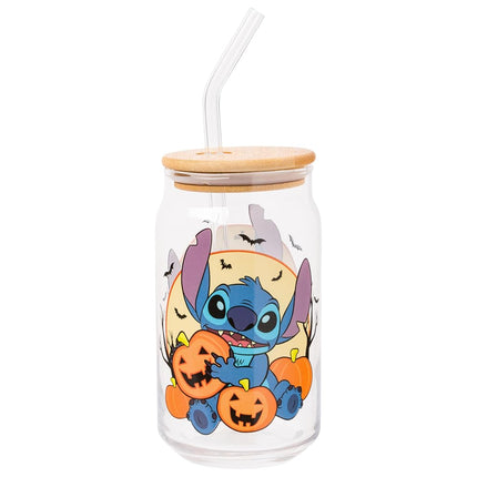 Silver Buffalo Disney Lilo and Stitch Halloween Spooky Pumpkin Patch Jack-O-Lantern Glass Jar Tumbler with Bamboo Lid and Glass Straw, 16 Ounces