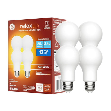 GE Relax 4-Pack 60 W Equivalent Dimmable Soft White A19 LED Light Fixture Light Bulbs