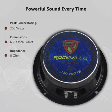 Rockville RM68PRO 6.5-Inch 8 Ohm SPL Mid-Bass Midrange Car Speaker 105dB 200w-Set of 1