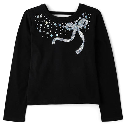 The Children's Place Girls' Long Sleeve Graphic Top with Back Detail, Black Bow, XX-Large