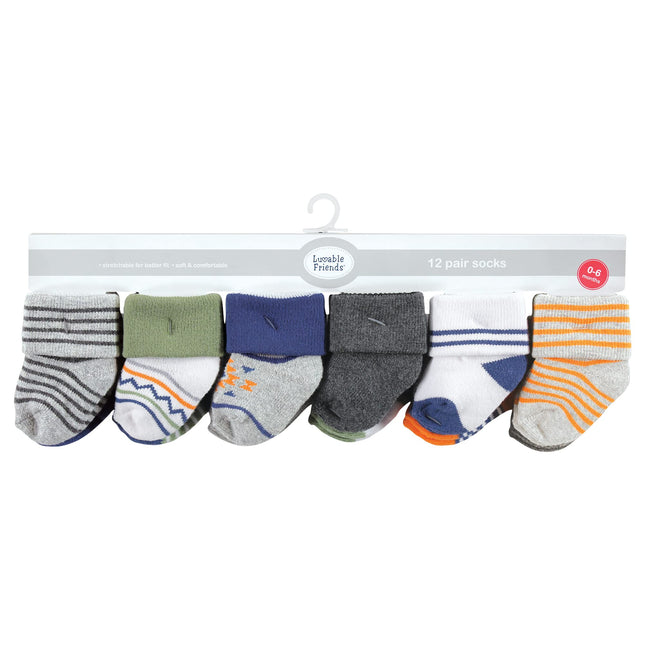 Luvable Friends Baby, Orange Blue Aztec, Unisex Newborn Terry Socks, 6-12 Months, (Pack of 12)
