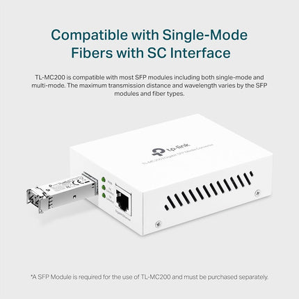 TP-Link TL-MC200 | Gigabit SFP to RJ45 Fiber Media Converter | Fiber to Ethernet Converter | Plug and Play | Durable Metal Casing | Versatile Compatibility | Auto-Negotiation | UL Certified