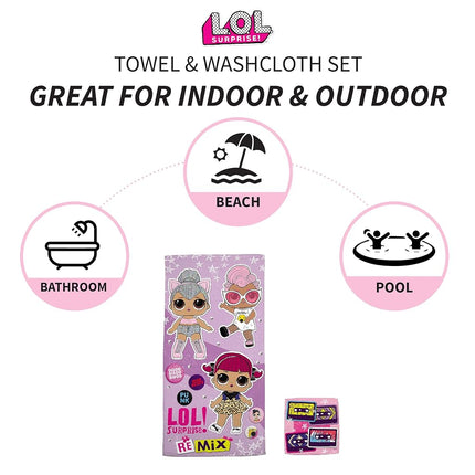 Franco LOL Surprise Kids Bath/Pool/Beach Soft Cotton Terry Towel with Washcloth 2 Piece Set, 50 in x 25 in