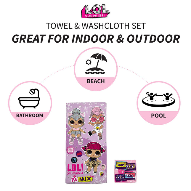 Franco LOL Surprise Kids Bath/Pool/Beach Soft Cotton Terry Towel with Washcloth 2 Piece Set, 50 in x 25 in