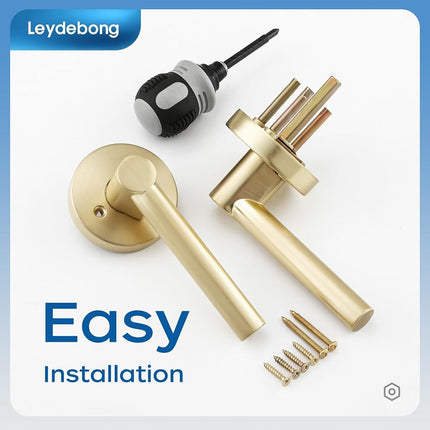 Leydebong 1 Pack Passage Lever Door Handle [Non-Locking Lever] for Hallway Doors or Closets with a Satin Brass Finish, Reversible for Right & Left Side