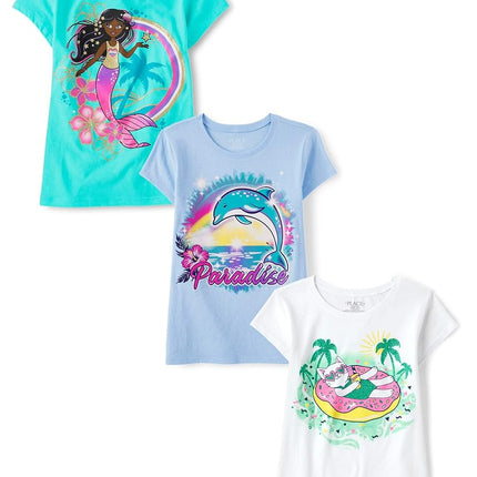 The Children's Place Boys' Gamer Short Sleeve Graphic T-Shirts,multipacks, Mermaid/Paradise/Cat Float, XX-Large